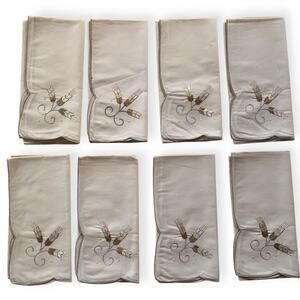 Set of 8 Vintage Fabric Napkins Embroidered Feathers Floral Tan Yellow White